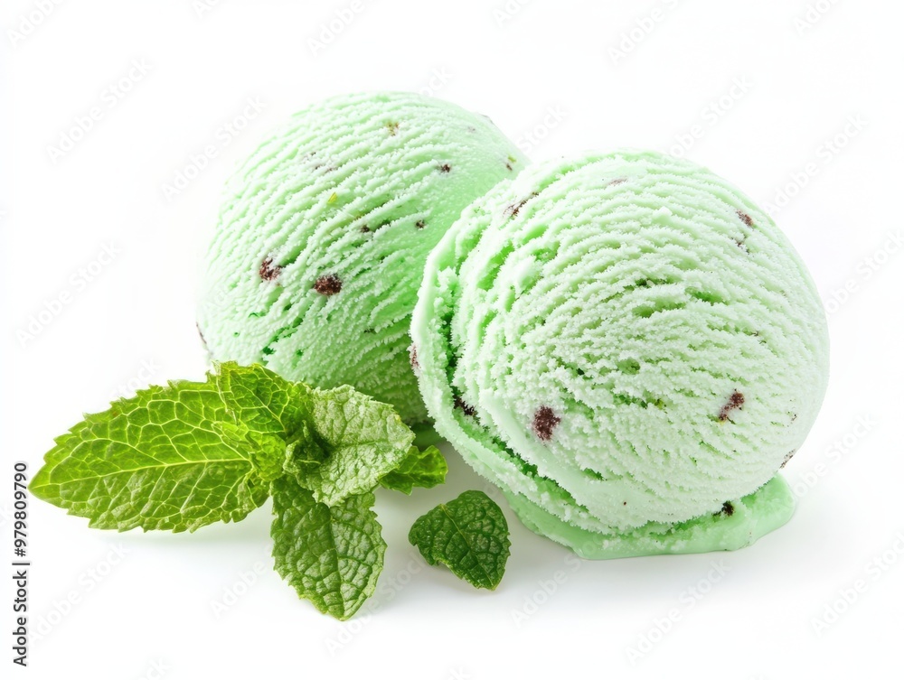 Mint Ice Cream. Delicious Scoop of Mint Ice Cream with Chocolate Swirl on White Background Mint Ice Cream. Delicious Scoop of Mint Ice Cream with Chocolate Swirl on White Background
