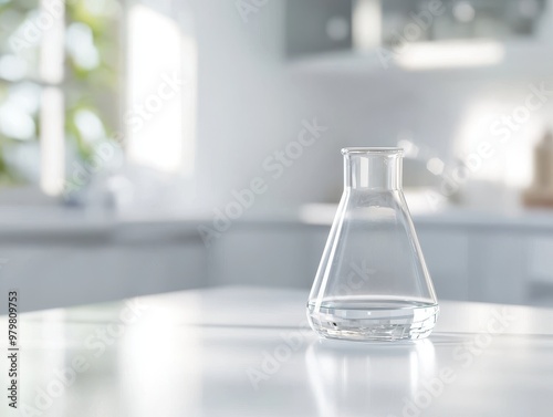 Minimalist glass beaker placed on a reflective surface in a bright, modern laboratory.