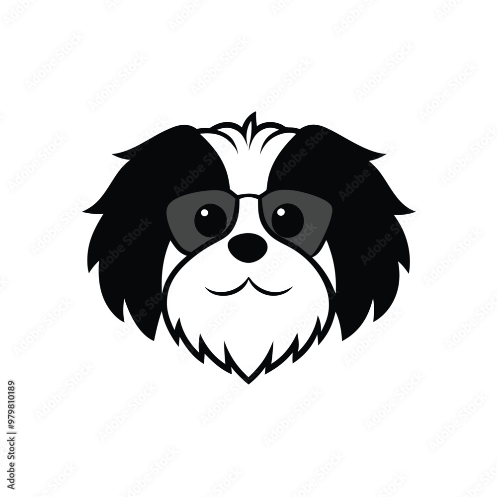 Obraz premium a black and white illustration of a dog's head. The dog appears to be a Shih Tzu, with long, shaggy fur covering its head and neck. Its eyes are large and round, and its nose is small and pointed