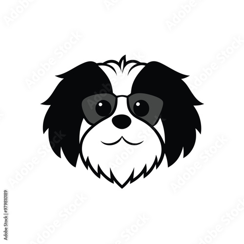 a black and white illustration of a dog's head. The dog appears to be a Shih Tzu, with long, shaggy fur covering its head and neck. Its eyes are large and round, and its nose is small and pointed
