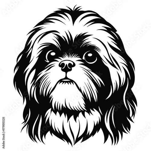 a black and white illustration of a dog's head. The dog appears to be a Shih Tzu, with long, shaggy fur covering its head and neck. Its eyes are large and round, and its nose is small and pointed