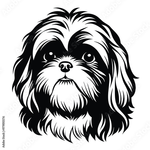 a black and white illustration of a dog's head. The dog appears to be a Shih Tzu, with long, shaggy fur covering its head and neck. Its eyes are large and round, and its nose is small and pointed