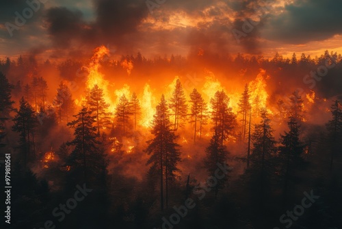 Forest in fire. close up view