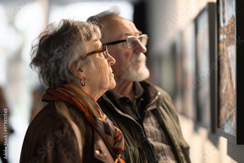 Senior couple exploring a modern art gallery with interactive exhibits