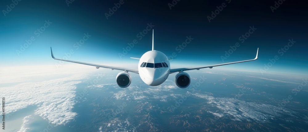 Fototapeta premium Airplane Flying Above Clouds with a View of the Earth