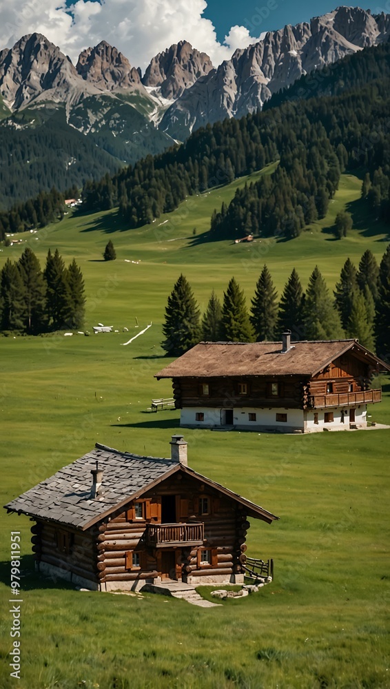 Wooden log house on a green field in the Dolomites. Wooden log house on a green field in the Dolomites.
