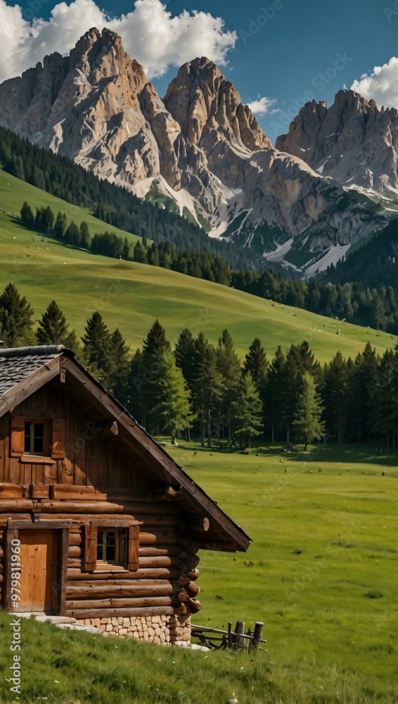 Wooden log house on a green field in the Dolomites. Wooden log house on a green field in the Dolomites.