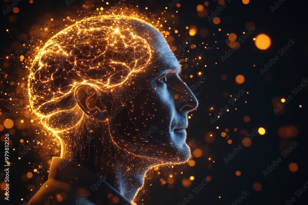 Fototapeta premium Man with glowing neural network symbolizing intellectual insight technological power and connection to futuristic thought