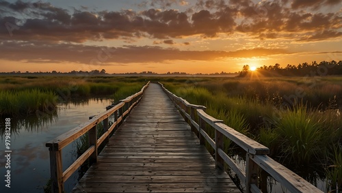 Wooden walkway through wetlands at sunset.