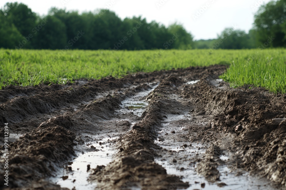 Muddy Field. Dirty Meadow Soaked in Rain: Farmer's Agriculture Scene Muddy Field. Dirty Meadow Soaked in Rain: Farmer's Agriculture Scene