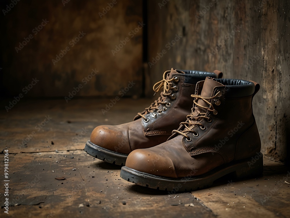 Worn-out work boots on a rustic metal background for Labor Day. Worn-out work boots on a rustic metal background for Labor Day.