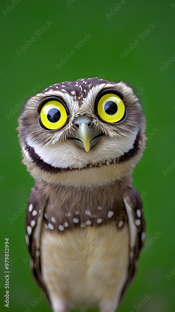 Naklejka premium a owl with yellow eyes against a isolated green background. 