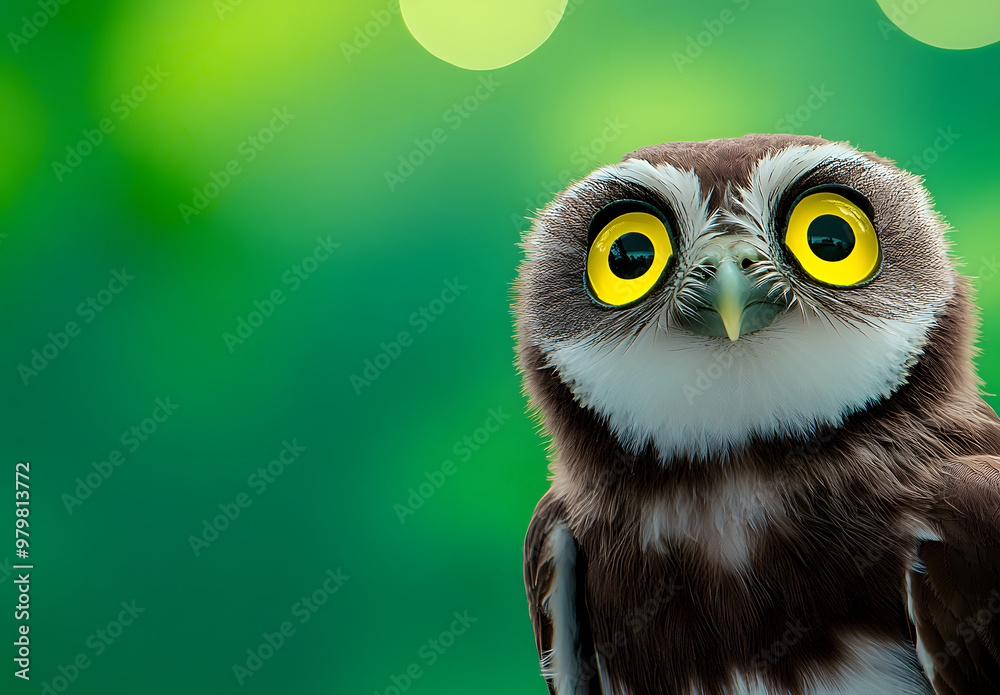 Fototapeta premium a owl with yellow eyes against a isolated green background. 