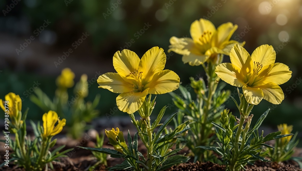 Yellow evening primrose flowers blooming in the park. Yellow evening primrose flowers blooming in the park.