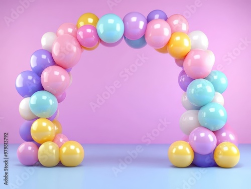 Colorful balloon arch decoration in pastel shades against a pink backdrop, ideal for parties and celebrations. photo