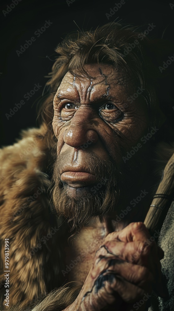 Captivating Neanderthal Portrait Fierce Primitive Humanoid Character in 3D Render Captivating Neanderthal Portrait Fierce Primitive Humanoid Character in 3D Render