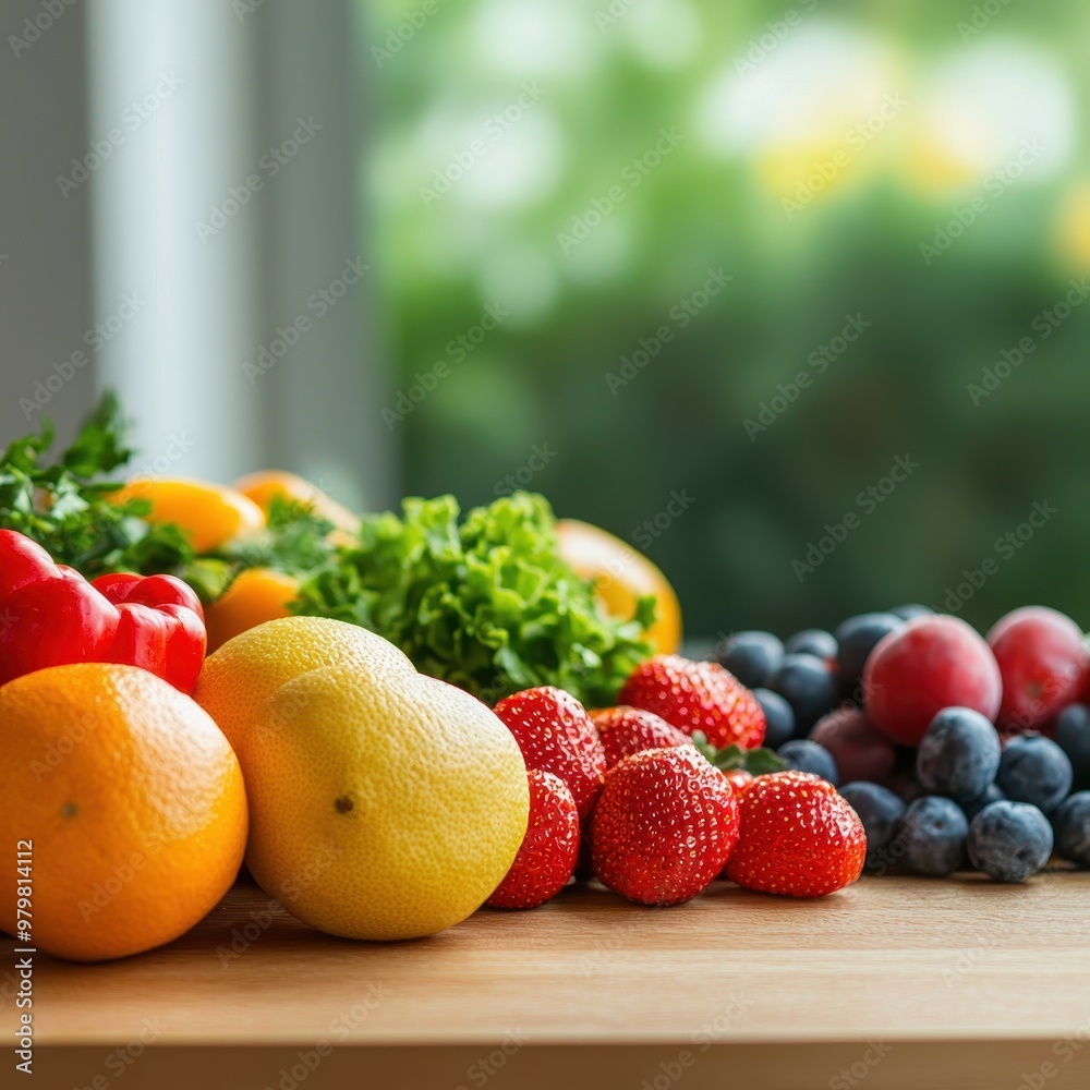 A vibrant assortment of fresh fruits and vegetables arranged on a rustic wooden surface, with a natural green bokeh background. A vibrant assortment of fresh fruits and vegetables arranged on a rustic wooden surface, with a natural green bokeh background.