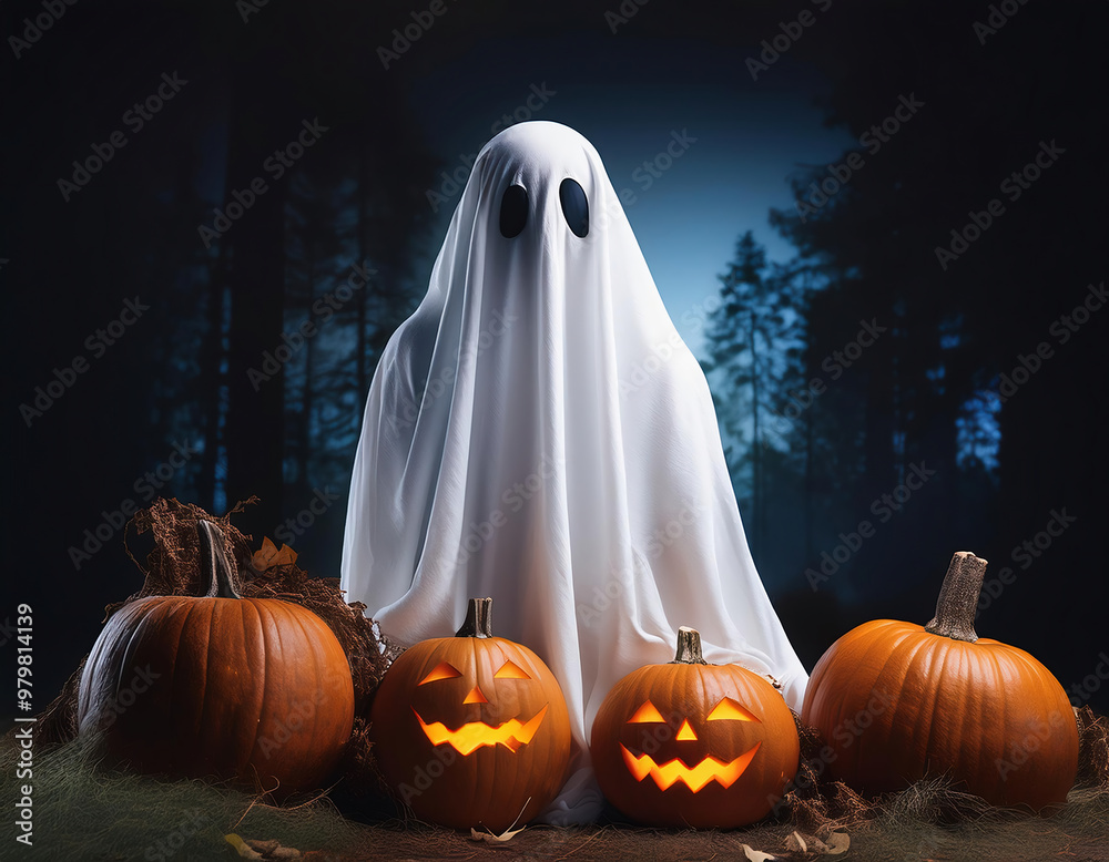 Halloween pumpkins with scary ghost in dark forest, Halloween pumpkins with scary ghost in dark forest,