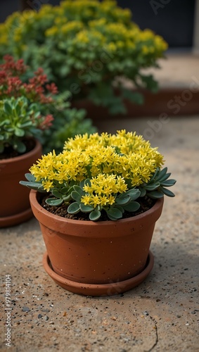 Yellow Sedum Palmeri flowers bloom in a pot on a terrace.