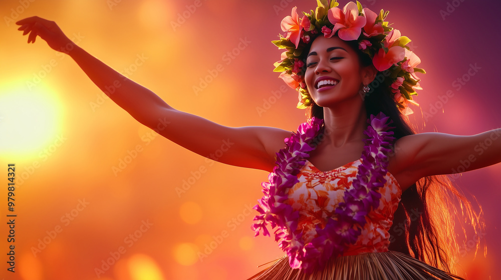 Hawaiian hula dancer in traditional grass skirt and flower lei, joyfully dancing at sunset with vibrant orange sky and flowers in her hair, celebrating island culture. Hawaiian hula dancer in traditional grass skirt and flower lei, joyfully dancing at sunset with vibrant orange sky and flowers in her hair, celebrating island culture.