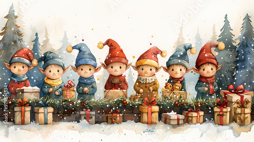 A cheerful group of six cartoon elves in colorful outfits with gifts, celebrating the holiday season amidst snow and pine trees. photo