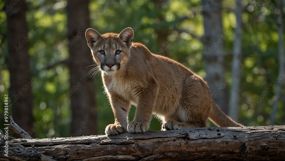 Young mountain lion walking on a fallen tree Young mountain lion walking on a fallen tree