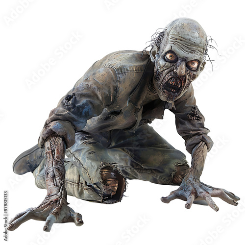 Zombie crawling out of the ground, dragging one leg behind it with a haunting stare, isolated on white background.