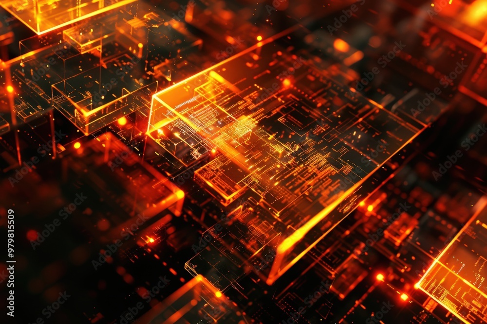 A computer generated image of a cityscape with a lot of orange and blue lights, generative ai image A computer generated image of a cityscape with a lot of orange and blue lights, generative ai image