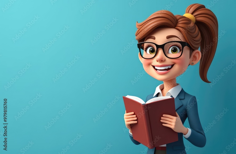 smiling young female teacher in glasses holding book, cute funny 3d illustration with copyspace smiling young female teacher in glasses holding book, cute funny 3d illustration with copyspace