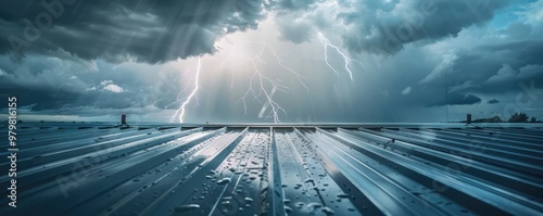 Dramatic lightning storm over metal roof