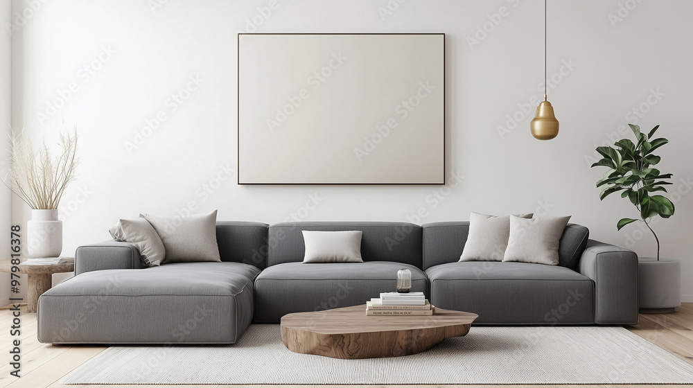 Fototapeta premium Modern Scandinavian living room featuring a gray sofa, minimalist decor, wooden coffee table, and soft lighting, creating a serene and elegant space with natural elements.