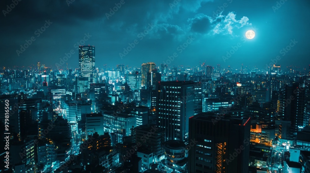 Obraz premium Captivating Night Cityscape with Glimmering Skyscrapers and Moonlit Sky