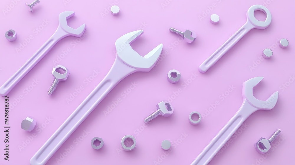 A collection of stylized tools scattered on a pink background, emphasizing repair and mechanics. A collection of stylized tools scattered on a pink background, emphasizing repair and mechanics.