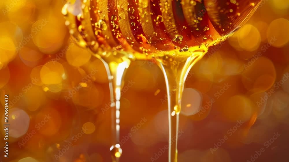 Macro shot showcasing golden honey dripping from a wooden dipper on a warm background, emphasizing sweetness
