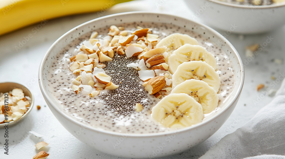 refreshing smoothie bowl made with blended chia seeds, topped with banana slices, almonds, and coconut flakes. Perfect for a healthy and delicious breakfast. refreshing smoothie bowl made with blended chia seeds, topped with banana slices, almonds, and coconut flakes. Perfect for a healthy and delicious breakfast.