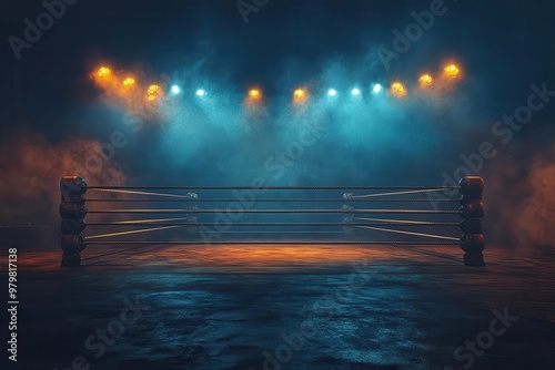 dramatic view of an empty boxing ring illuminated by spotlights in a darkened arena ropes frame the canvas creating an atmosphere of anticipation and potential for an epic showdown photo