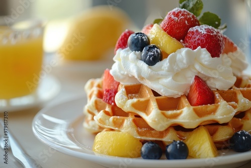 Delicious waffle stack topped with fresh fruits, whipped cream, and a sprinkle of powdered sugar, perfect for breakfast indulgence. photo