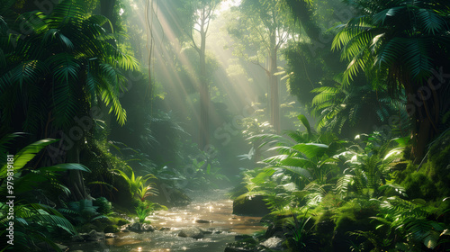 A dense jungle with towering trees, lush green foliage, and sunlight filtering through the canopy onto a small stream flowing in front of it