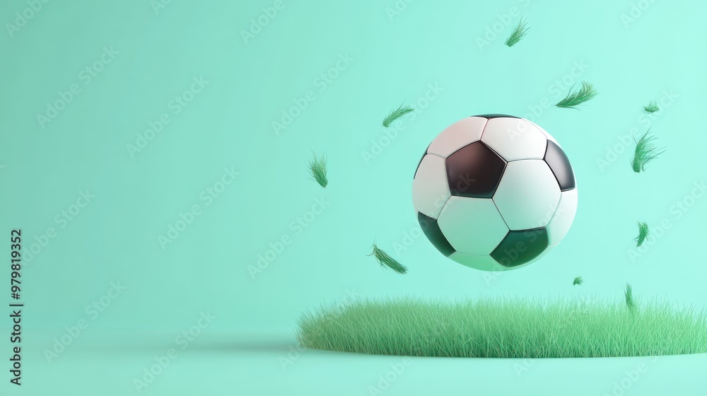 Fototapeta premium A floating soccer ball above a patch of grass against a mint green background.