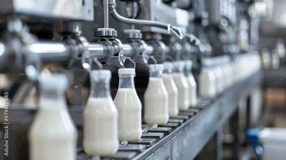 Bottles of milk are being filled in a factory Bottles of milk are being filled in a factory