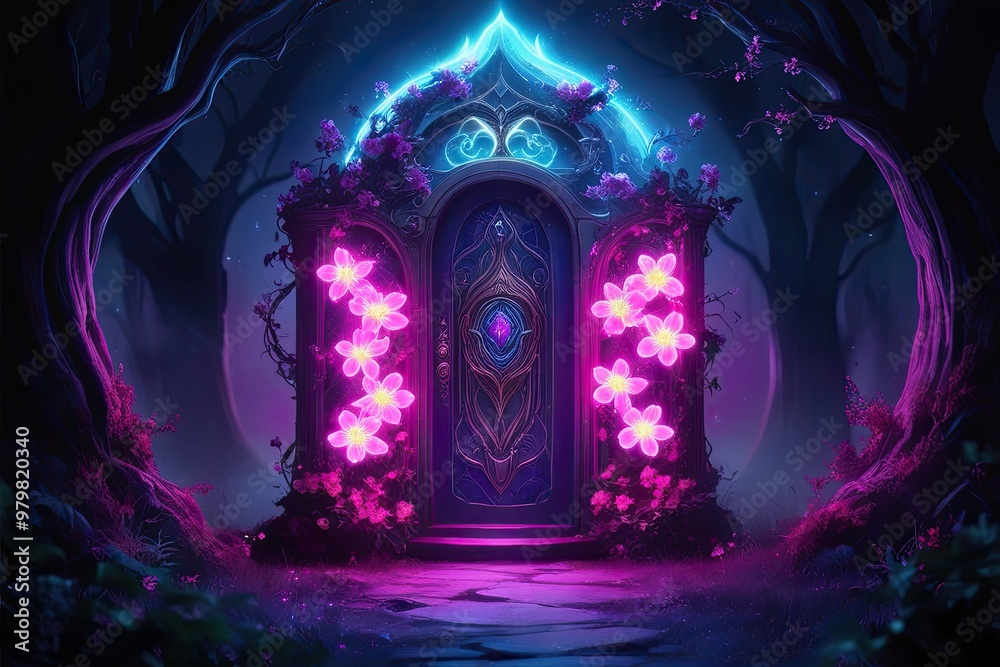 Enchanted Mystical Portal with Glowing Neon Blossoms and Shadowy Surroundings Enchanted Mystical Portal with Glowing Neon Blossoms and Shadowy Surroundings