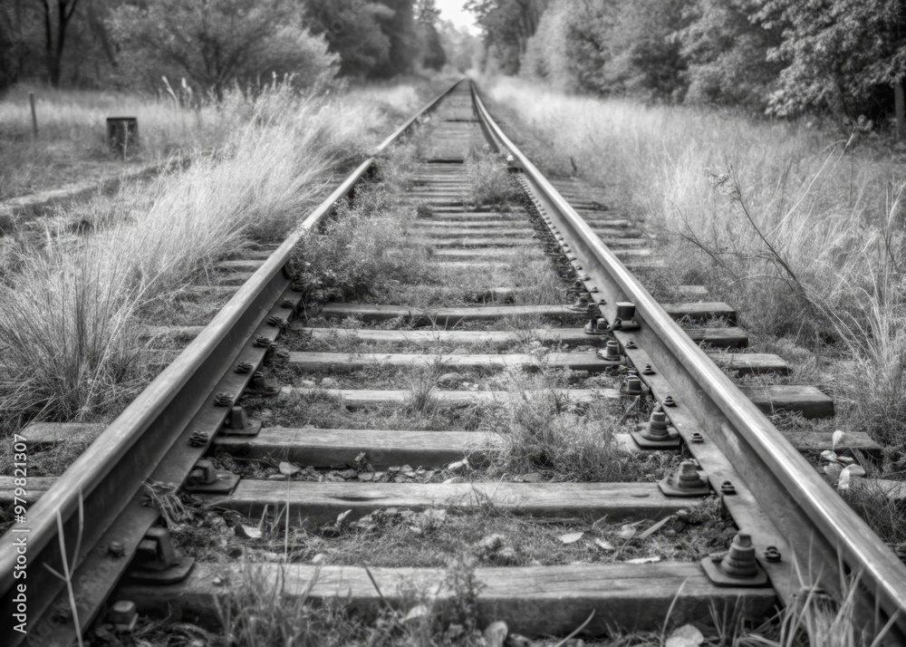 Fototapeta premium Rusting Train Tracks Leading Nowhere Train tracks disappearing into an overgrown field, suggesting a path that no longer leads anywhere.