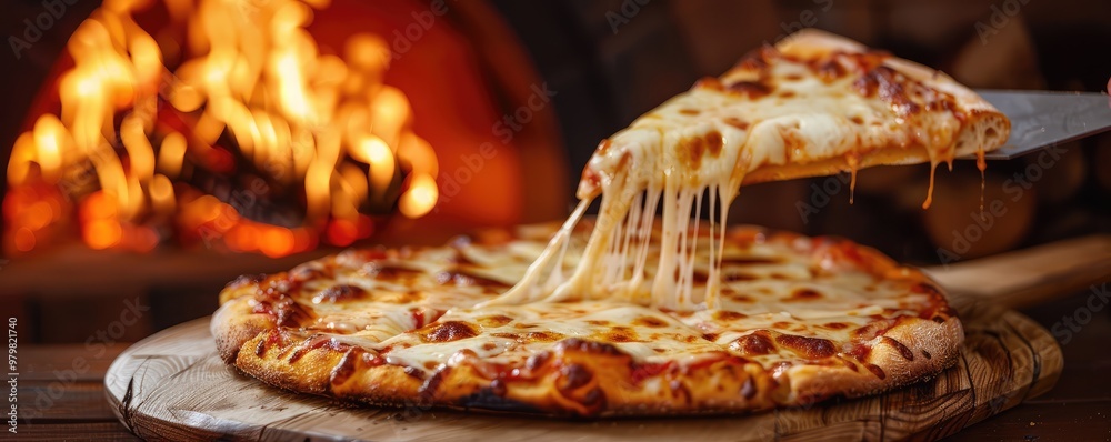 pizza with gooey cheese being served with a wood-fired oven in the background.