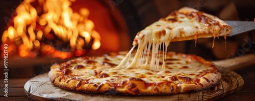 Obraz na płótnie pizza with gooey cheese being served with a wood-fired oven in the background. w salonie