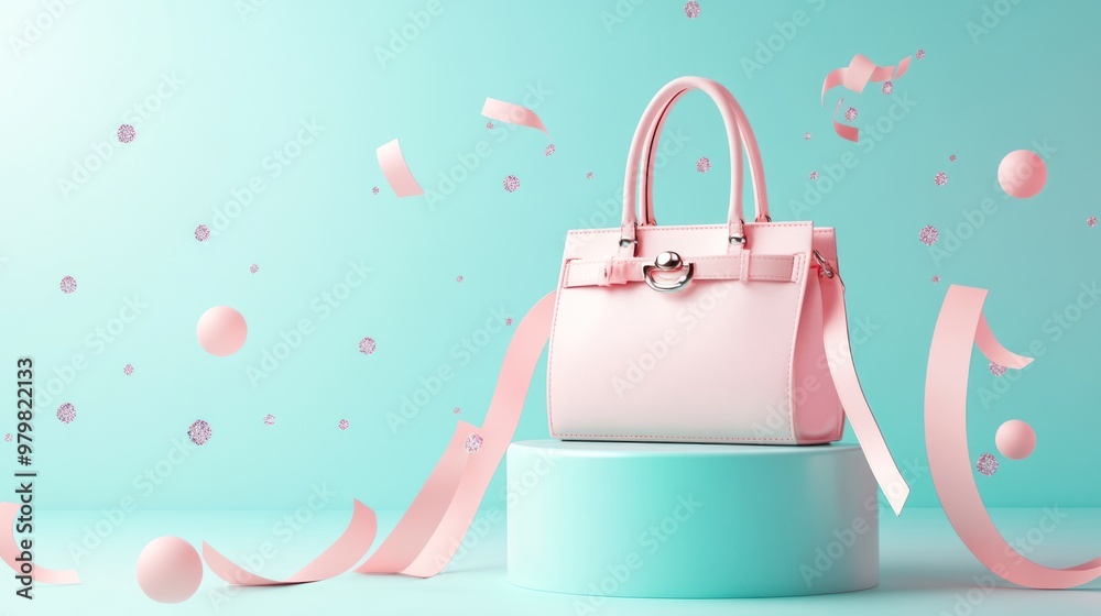 A stylish pink handbag displayed on a pedestal with playful decorations. A stylish pink handbag displayed on a pedestal with playful decorations.
