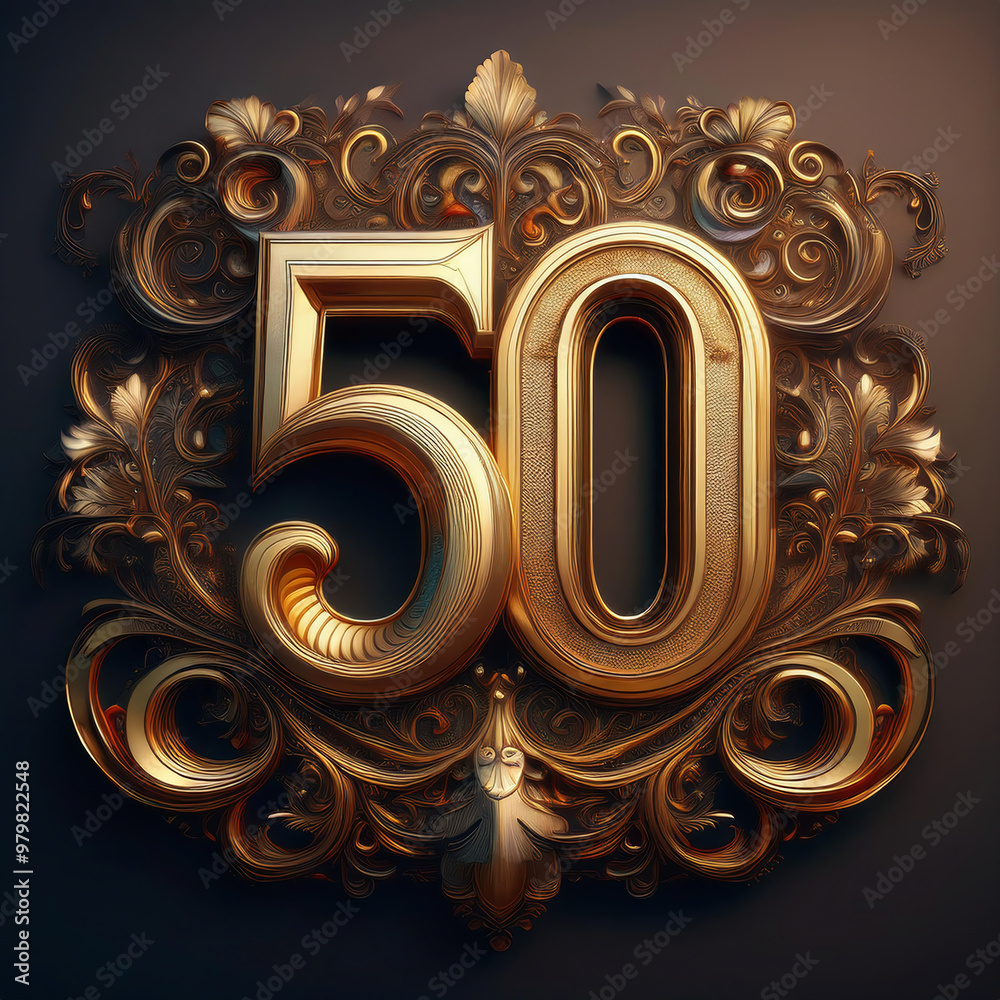 Opulent 3D-rendered golden numeral 50 featuring intricate Baroque-inspired embellishments and dramatic lighting. Opulent 3D-rendered golden numeral 50 featuring intricate Baroque-inspired embellishments and dramatic lighting.