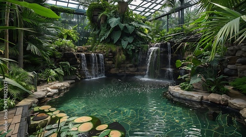 Captivating tropical landscape contained in a transparent conservatory with an artificial lake and cascade photo