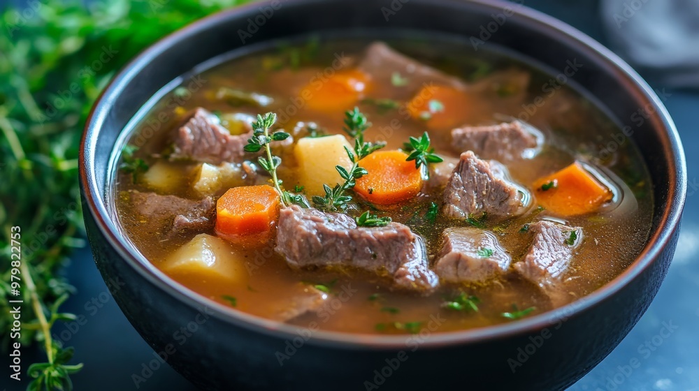 A bowl of hearty beef stew with carrots, potatoes, and herbs. A bowl of hearty beef stew with carrots, potatoes, and herbs.
