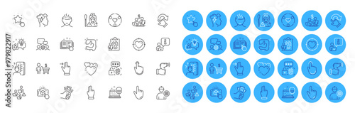 Heart target, Mindfulness stress and Teamwork line icons pack. Survey, Engineer, Interview web icon. Fingerprint, Inclusion, Ranking star pictogram. Buyer, Rotation gesture, Like. Vector