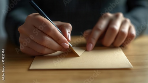 Closeup of a hand sealing a mailin ballot envelope, mailin voting, remote election participation photo